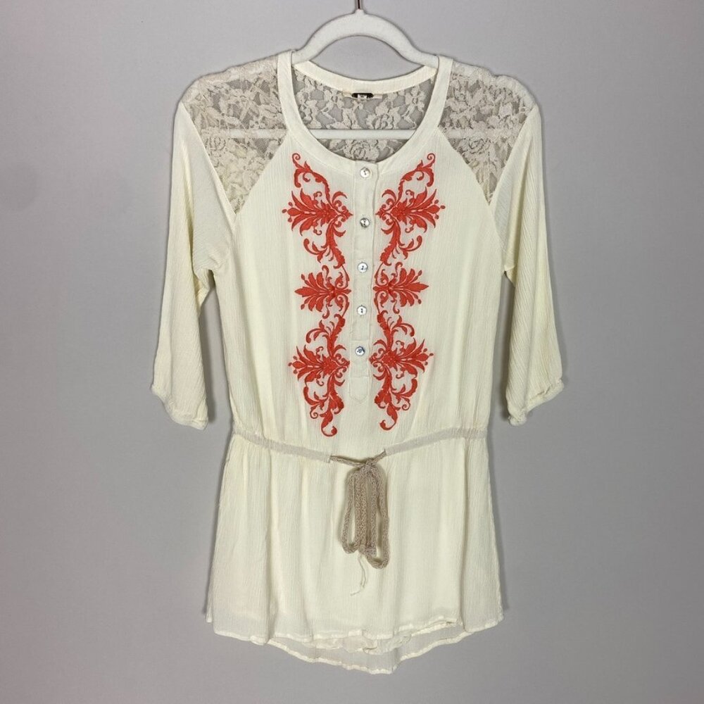 Miss Me Lace‎ Embroidered Blouse Shirt Womens Small Tie Western Boho